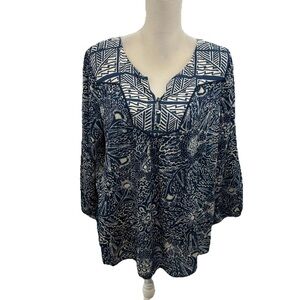 Lucky Brand Lightweight Peasant Top Womens Large Long Sleeve Blue Beige